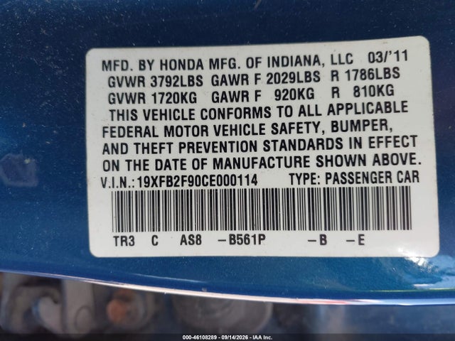 2012 Honda Civic Ex-l მანქანა იყიდება აუქციონზე, vin: 19XFB2F90CE000114, აუქციონის ნომერი: 46108289