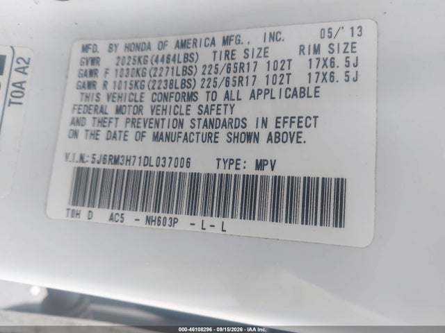 2013 Honda Cr-v Ex-l მანქანა იყიდება აუქციონზე, vin: 5J6RM3H71DL037006, აუქციონის ნომერი: 46108296
