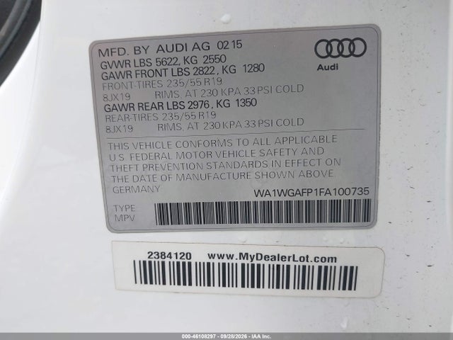 2015 Audi Q5 3.0t Premium Plus მანქანა იყიდება აუქციონზე, vin: WA1WGAFP1FA100735, აუქციონის ნომერი: 46108297