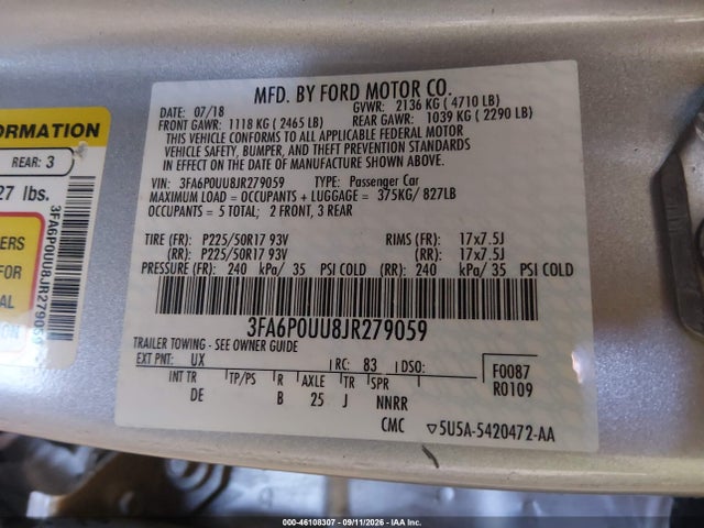 Продажа на аукционе авто 2018 Ford Fusion Hybrid S, vin: 3FA6P0UU8JR279059, номер лота: 46108307