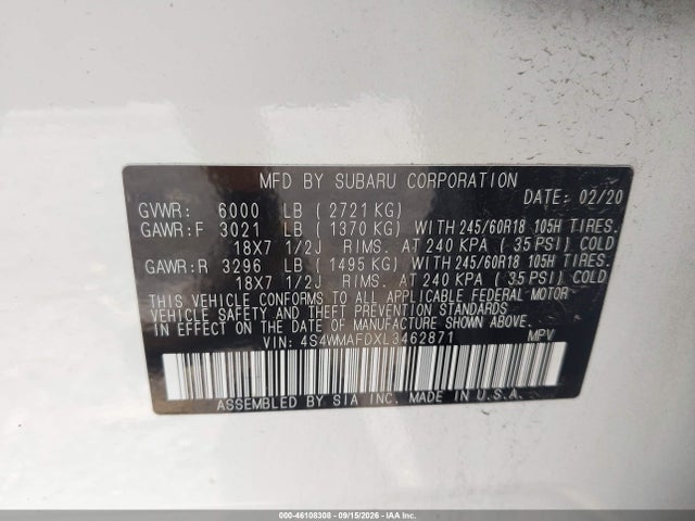 46108308 :رقم المزاد ، 4S4WMAFDXL3462871 vin ، 2020 Subaru Ascent Premium مزاد بيع