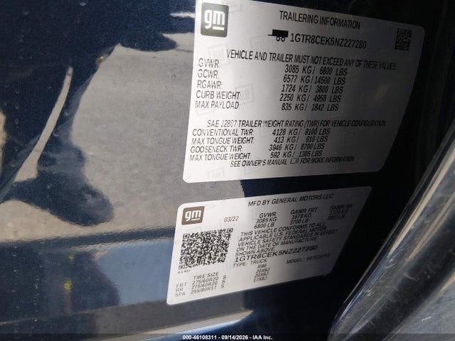2022 Gmc Sierra 1500 Limited 2wd  Standard Box Elevation მანქანა იყიდება აუქციონზე, vin: 1GTR8CEK5NZ227280, აუქციონის ნომერი: 46108311