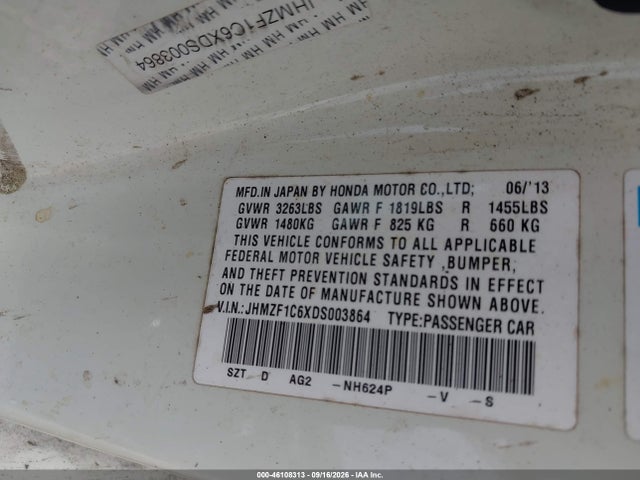 Продажа на аукционе авто 2013 Honda Cr-z Ex, vin: JHMZF1C6XDS003864, номер лота: 46108313