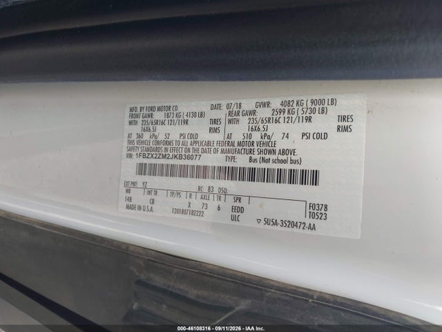 Продажа на аукционе авто 2018 Ford Transit-350 Xl, vin: 1FBZX2ZM2JKB36077, номер лота: 46108316