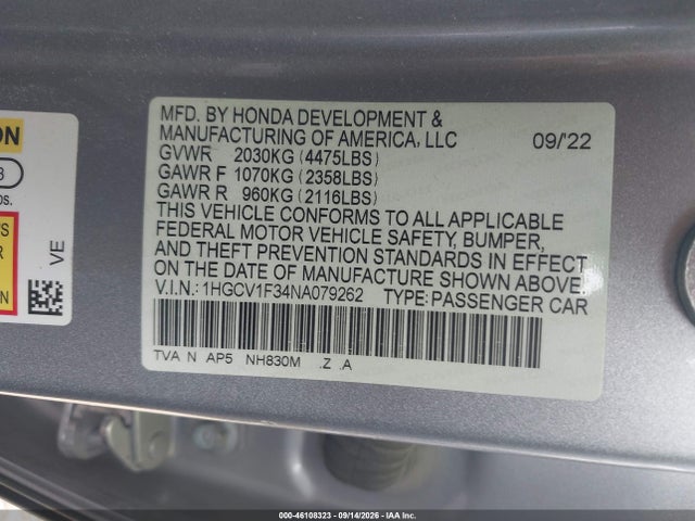 Продажа на аукционе авто 2022 Honda Accord Sport, vin: 1HGCV1F34NA079262, номер лота: 46108323