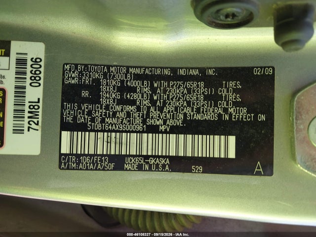 2009 Toyota Sequoia Sr5 4.7l V8 მანქანა იყიდება აუქციონზე, vin: 5TDBT64AX9S000961, აუქციონის ნომერი: 46108327