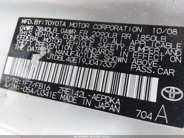 Aukcja sprzedaży 2009 Toyota Corolla Le, vin: JTDBL40E19J047337, numer aukcji: 46108330