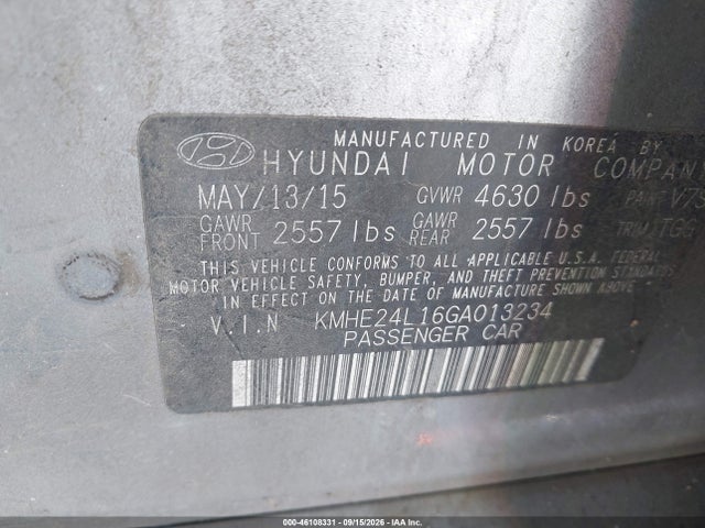 Продажа на аукционе авто 2016 Hyundai Sonata Hybrid Se, vin: KMHE24L16GA013234, номер лота: 46108331