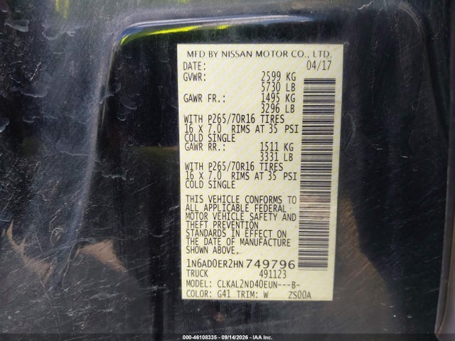 Aukcja sprzedaży 2017 Nissan Frontier Sv, vin: 1N6AD0ER2HN749796, numer aukcji: 46108335