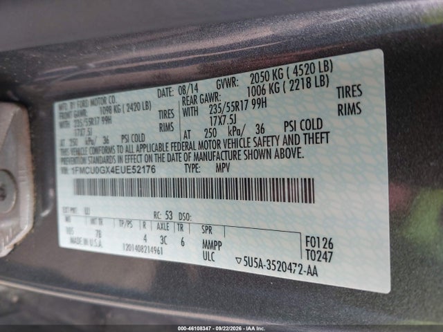 2014 Ford Escape Se მანქანა იყიდება აუქციონზე, vin: 1FMCU0GX4EUE52176, აუქციონის ნომერი: 46108347