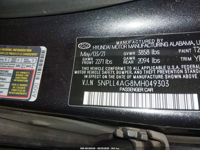 46108349 :رقم المزاد ، 5NPLL4AG8MH049303 vin ، 2021 Hyundai Elantra Se مزاد بيع