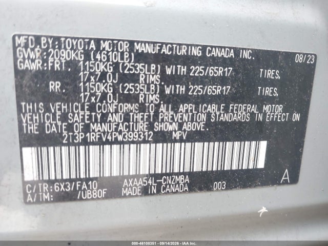 46108351 :رقم المزاد ، 2T3P1RFV4PW399312 vin ، 2023 Toyota Rav4 Xle مزاد بيع