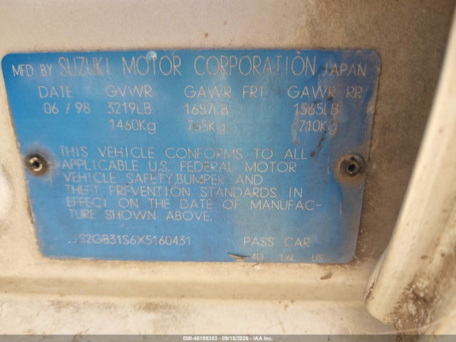 46108353 :رقم المزاد ، JS2GB31S6X5160431 vin ، 1999 Suzuki Esteem Gl/glx/glx+ مزاد بيع