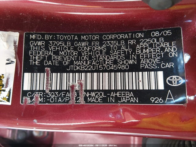 Продаж на аукціоні авто 2005 Toyota Prius, vin: JTDKB22U157045980, номер лоту: 46108364