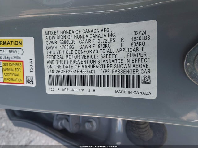 2024 Honda Civic Sport მანქანა იყიდება აუქციონზე, vin: 2HGFE2F51RH555401, აუქციონის ნომერი: 46108365