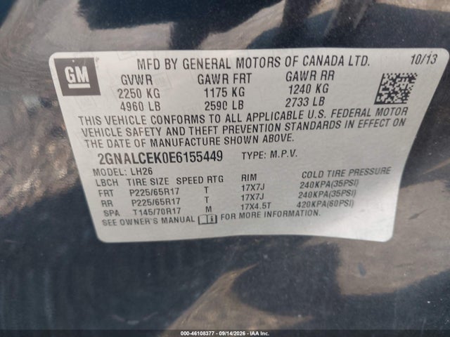 2014 Chevrolet Equinox 2lt მანქანა იყიდება აუქციონზე, vin: 2GNALCEK0E6155449, აუქციონის ნომერი: 46108377