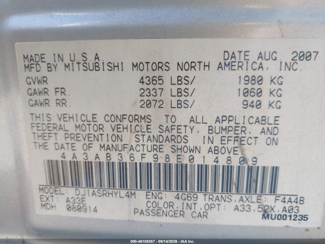 2008 Mitsubishi Galant Es მანქანა იყიდება აუქციონზე, vin: 4A3AB36F98E014809, აუქციონის ნომერი: 46108387
