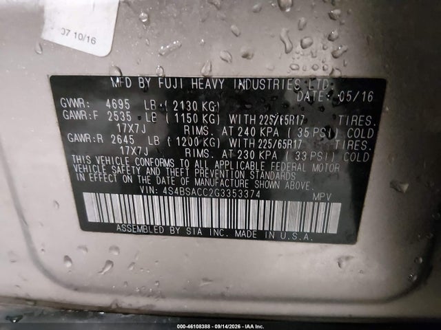 2016 Subaru Outback 2.5i Premium მანქანა იყიდება აუქციონზე, vin: 4S4BSACC2G3353374, აუქციონის ნომერი: 46108388