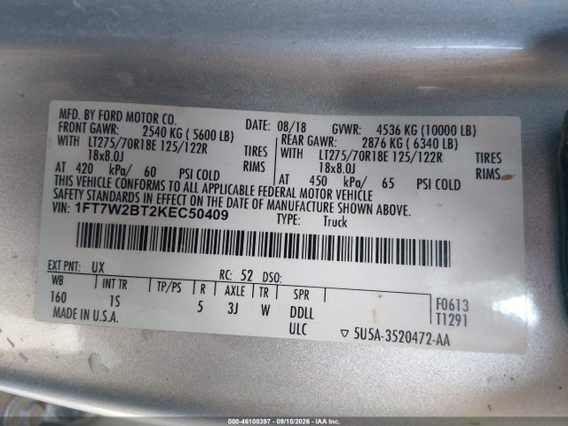 Aukcja sprzedaży 2019 Ford F-250 Xl, vin: 1FT7W2BT2KEC50409, numer aukcji: 46108397