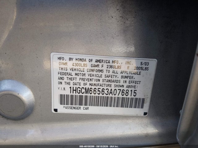 Aukcja sprzedaży 2003 Honda Accord 3.0 Ex, vin: 1HGCM66563A076815, numer aukcji: 46108399
