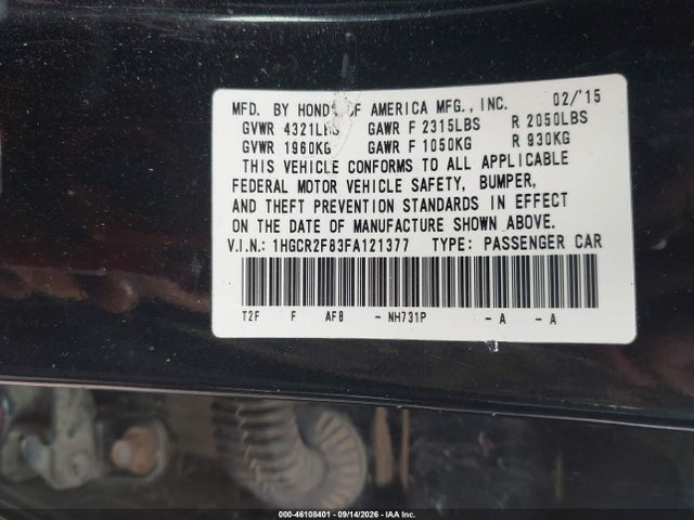 2015 Honda Accord Ex-l მანქანა იყიდება აუქციონზე, vin: 1HGCR2F83FA121377, აუქციონის ნომერი: 46108401