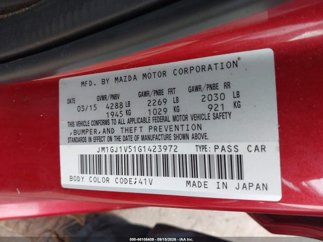 Aukcja sprzedaży 2016 Mazda Mazda6 I Touring, vin: JM1GJ1V51G1423972, numer aukcji: 46108409