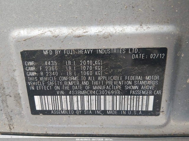 Aukcja sprzedaży 2012 Subaru Legacy 2.5i Premium, vin: 4S3BMBC64C3026998, numer aukcji: 46108413