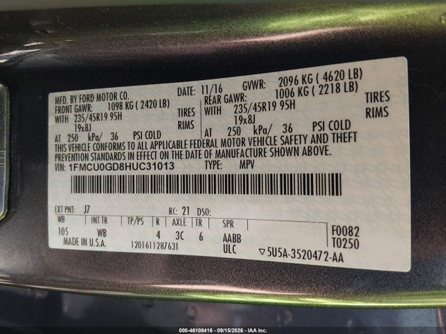 46108416 :رقم المزاد ، 1FMCU0GD8HUC31013 vin ، 2017 Ford Escape Se مزاد بيع