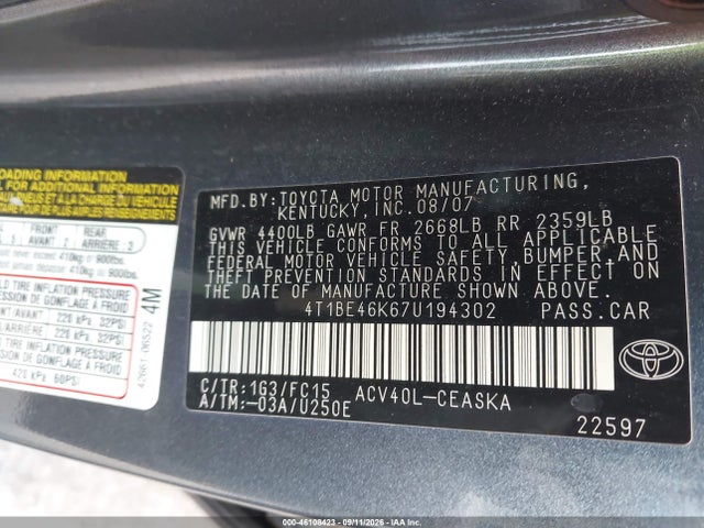 2007 Toyota Camry Se მანქანა იყიდება აუქციონზე, vin: 4T1BE46K67U194302, აუქციონის ნომერი: 46108423