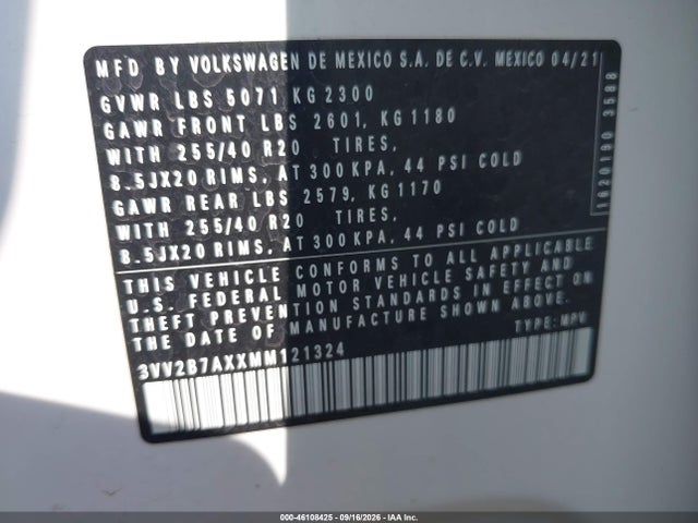 Aukcja sprzedaży 2021 Volkswagen Tiguan 2.0t Se/2.0t Se R-line Black/2.0t Sel, vin: 3VV2B7AXXMM121324, numer aukcji: 46108425