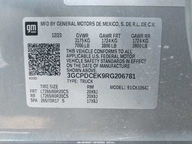 Продаж на аукціоні авто 2024 Chevrolet Silverado 1500 4wd  Short Bed Custom Trail Boss, vin: 3GCPDCEK9RG206781, номер лоту: 46108457