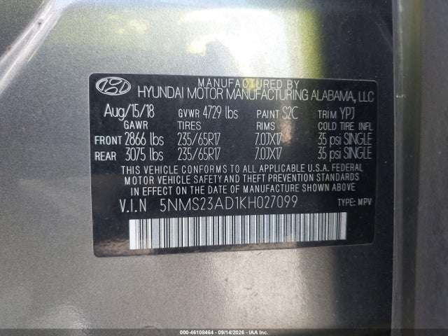 46108464 :رقم المزاد ، 5NMS23AD1KH027099 vin ، 2019 Hyundai Santa Fe Se مزاد بيع