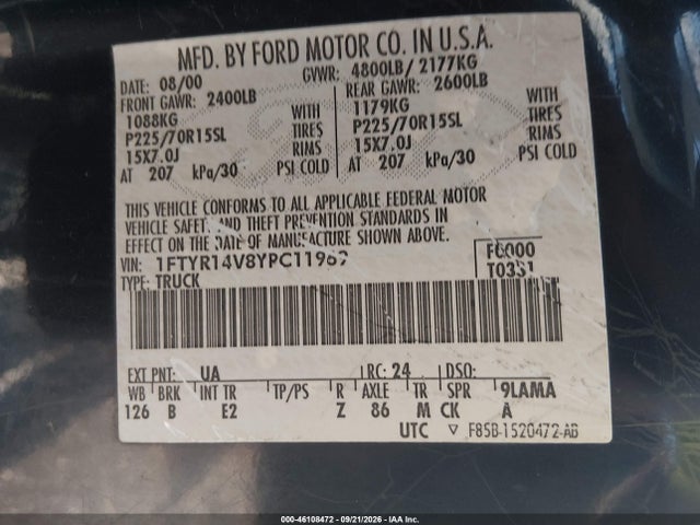 46108472 :رقم المزاد ، 1FTYR14V8YPC11969 vin ، 2000 Ford Ranger Xl/xlt مزاد بيع