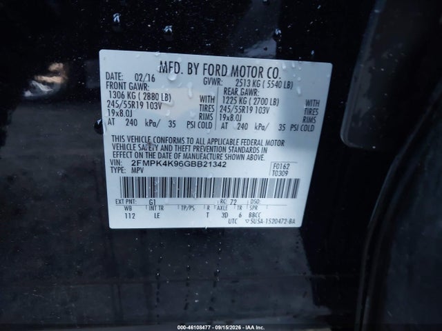 46108477 :رقم المزاد ، 2FMPK4K96GBB21342 vin ، 2016 Ford Edge Titanium مزاد بيع