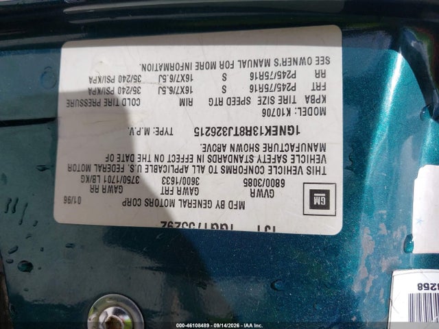 46108489 :رقم المزاد ، 1GNEK13R8TJ326215 vin ، 1996 Chevrolet Tahoe K1500 مزاد بيع