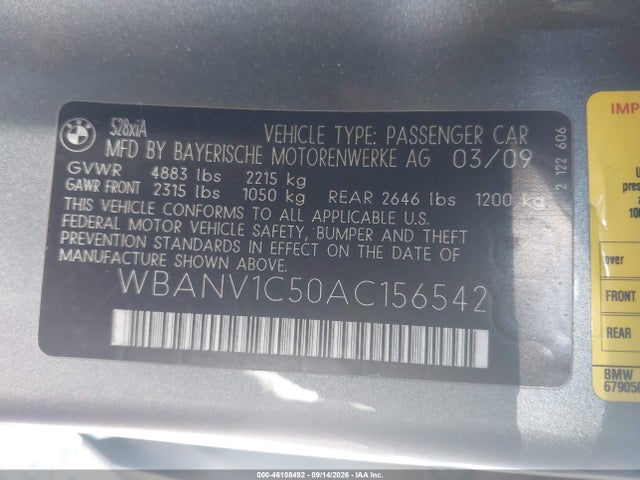 Aukcja sprzedaży 2010 Bmw 528i Xdrive, vin: WBANV1C50AC156542, numer aukcji: 46108492