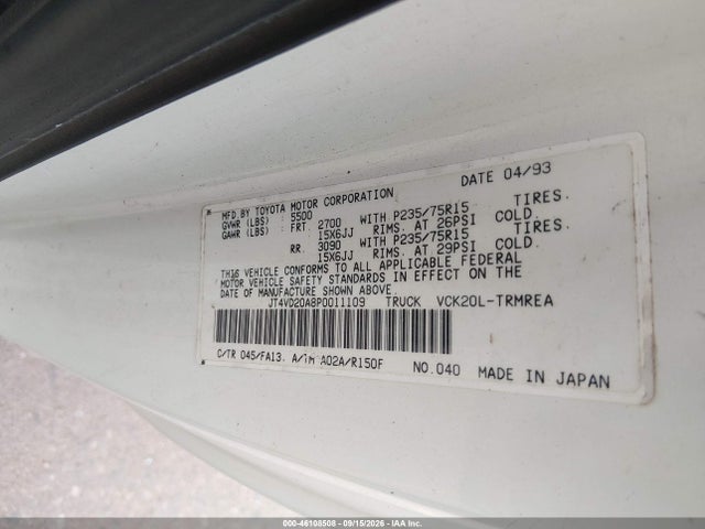 46108508 :رقم المزاد ، JT4VD20A8P0011109 vin ، 1993 Toyota T100 مزاد بيع
