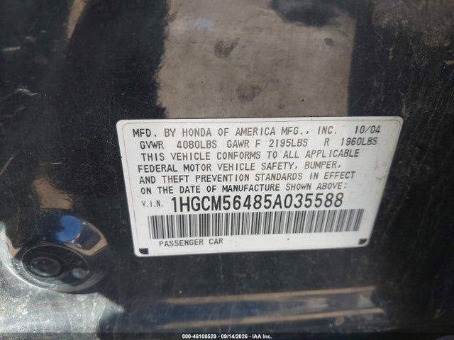 Aukcja sprzedaży 2005 Honda Accord 2.4 Lx, vin: 1HGCM56485A035588, numer aukcji: 46108529