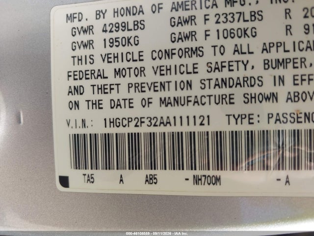 Aukcja sprzedaży 2010 Honda Accord 2.4 Lx, vin: 1HGCP2F32AA111121, numer aukcji: 46108559