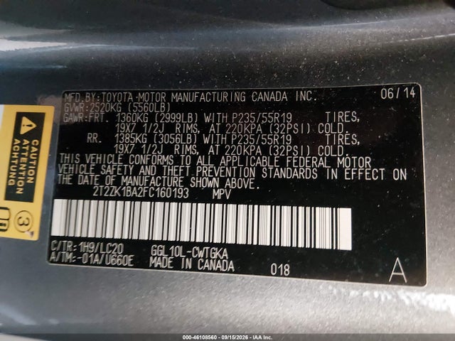 46108560 :رقم المزاد ، 2T2ZK1BA2FC160193 vin ، 2015 Lexus Rx 350 مزاد بيع