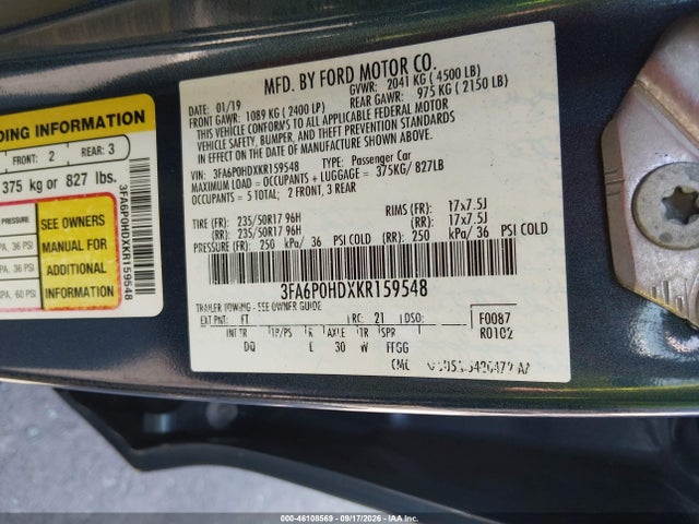 46108569 :رقم المزاد ، 3FA6P0HDXKR159548 vin ، 2019 Ford Fusion Se مزاد بيع