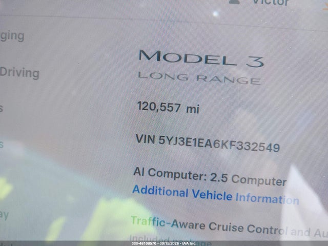 46108570 :رقم المزاد ، 5YJ3E1EA6KF332549 vin ، 2019 Tesla Model 3 Long Range/mid Range/standard Range/standard Range Plus مزاد بيع
