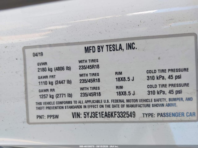 46108570 :رقم المزاد ، 5YJ3E1EA6KF332549 vin ، 2019 Tesla Model 3 Long Range/mid Range/standard Range/standard Range Plus مزاد بيع
