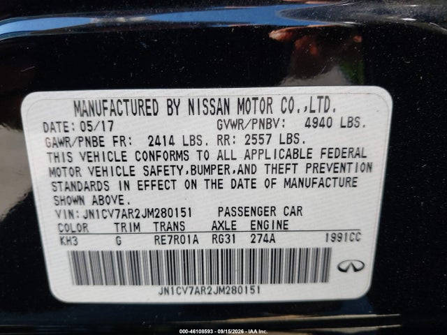 46108593 :رقم المزاد ، JN1CV7AR2JM280151 vin ، 2018 Infiniti Q50 2.0t Luxe مزاد بيع