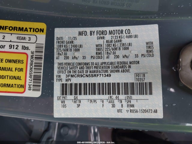 46108599 :رقم المزاد ، 3FMCR9CN5SRF71349 vin ، 2025 Ford Bronco Sport Outer Banks مزاد بيع
