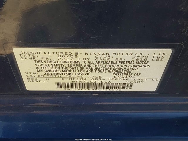 46108605 :رقم المزاد ، 3N1AB61E98L755578 vin ، 2008 Nissan Sentra 2.0sl مزاد بيع