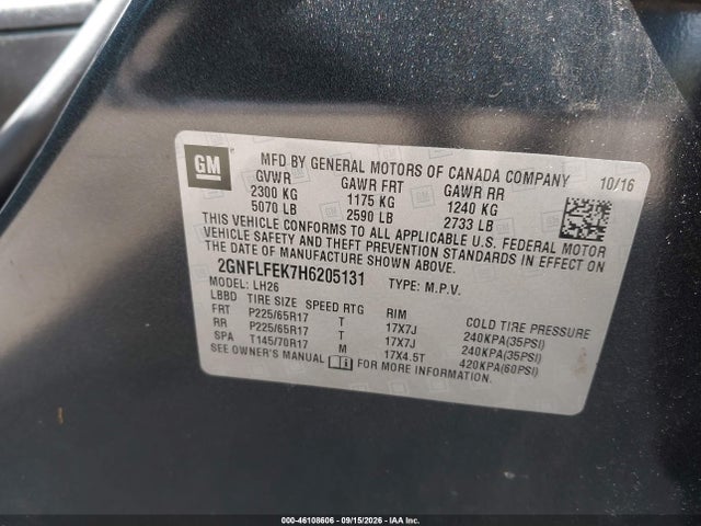 Aukcja sprzedaży 2017 Chevrolet Equinox Lt, vin: 2GNFLFEK7H6205131, numer aukcji: 46108606
