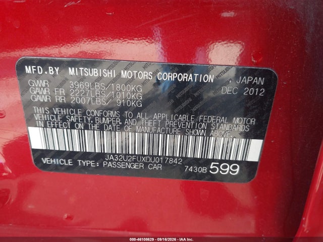 46108629 :رقم المزاد ، JA32U2FUXDU017842 vin ، 2013 Mitsubishi Lancer Es مزاد بيع