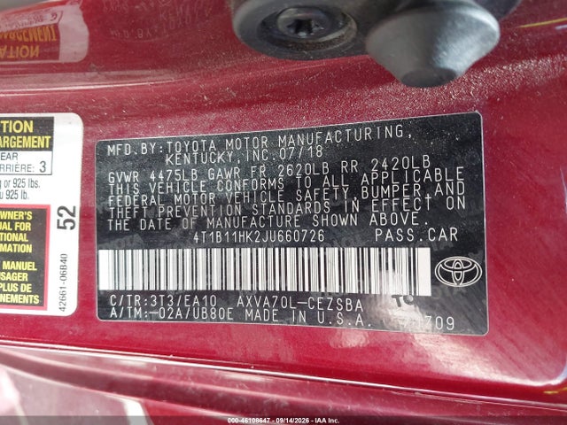 Aukcja sprzedaży 2018 Toyota Camry Se, vin: 4T1B11HK2JU660726, numer aukcji: 46108647