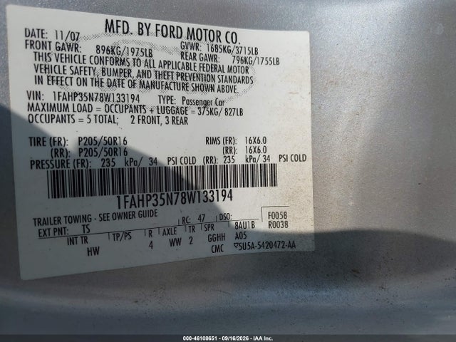 Aukcja sprzedaży 2008 Ford Focus Se/ses, vin: 1FAHP35N78W133194, numer aukcji: 46108651